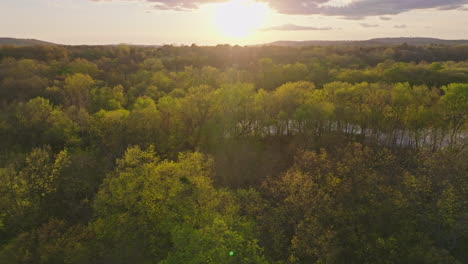 Cielo-Del-Atardecer-Sobre-El-Paisaje-Del-Bosque-Verde-En-Ar,-Usa---Toma-Aérea-De-Drones