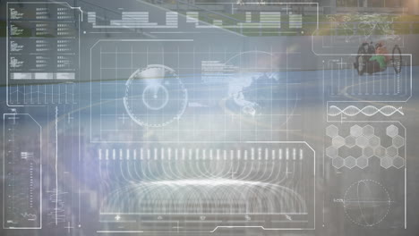 animation of data processing on digital interface over cyclist on recumbent cycle on sports track