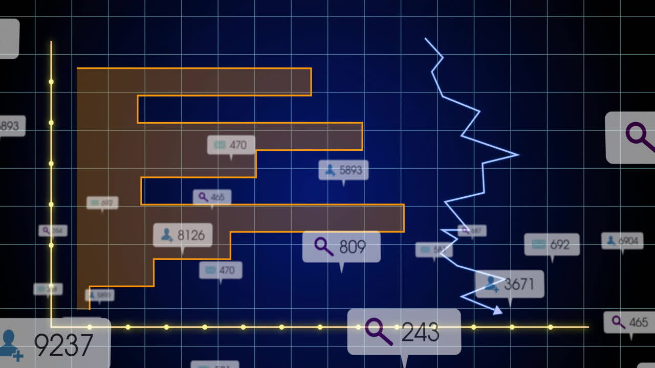 Displaying animation of bar and line graphs, social media metrics on grid background