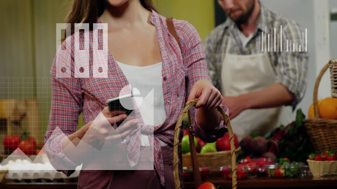 Shopping for groceries, woman holding basket and scanning product, data analysis animation