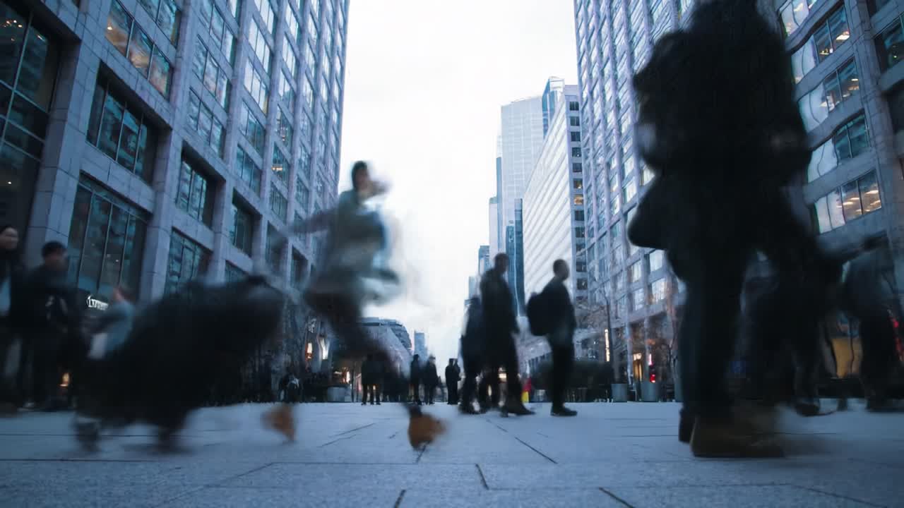 Urban hustle is on full display as commuters and shoppers move quickly along a bustling city street. Skyscrapers tower overhead, reflecting the cool afternoon light. Individuals are seen maneuvering through the crowd, some pulling luggage, suggesting travel or busy schedules. The atmosphere is livel