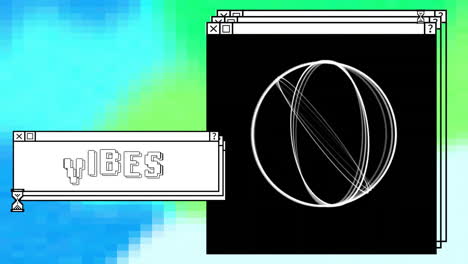 animation of vibes text and spinning rings on windows with egg timer over colourful computer desktop