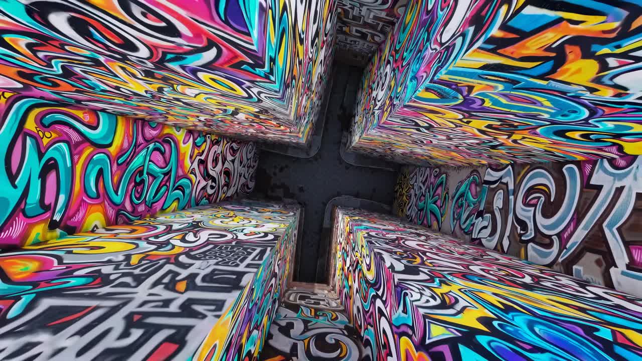 Aerial view of vibrant graffiti-covered walls forming a narrow alley, creating a dynamic