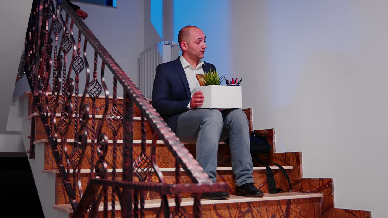 Unemployed businessman sitting on office stairs