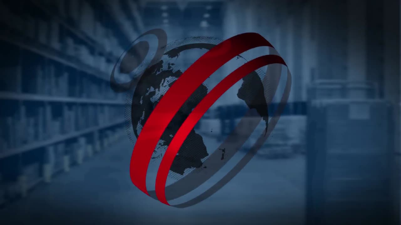 escáneres redondos y un globo girando contra el almacén en el fondo