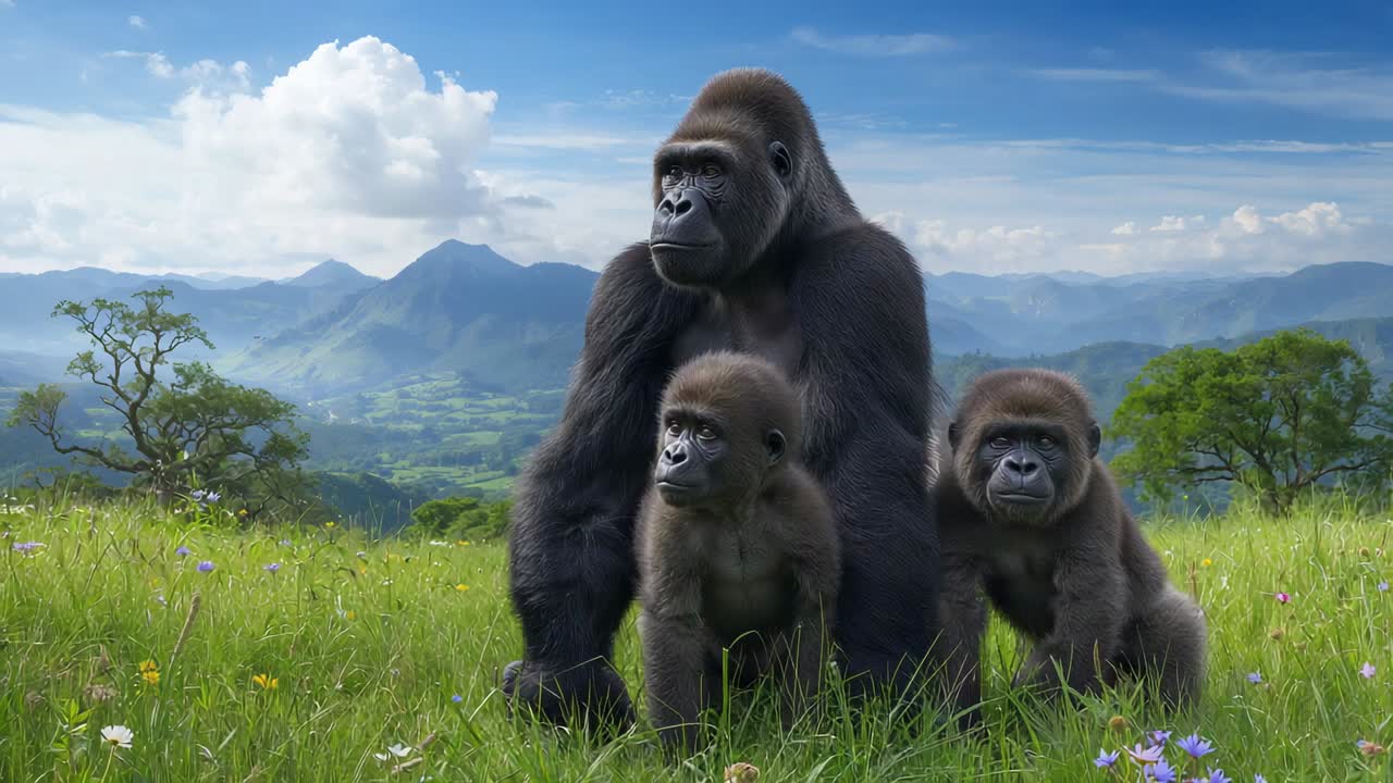 Cuccioli che avanzano, gorilla adulto che si sporge, li segue e li protegge attraverso il prato collinare