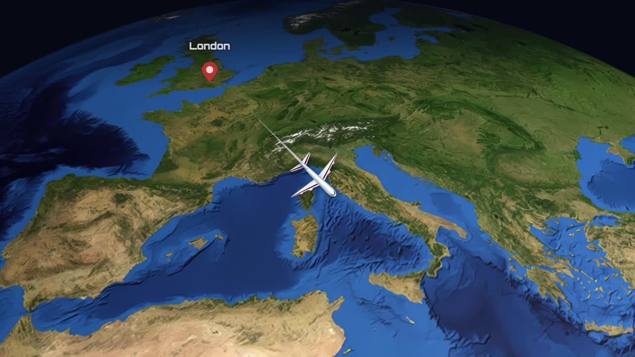 Satellite view animation follows an airplane flying from London across Europe and Africa to Nairobi