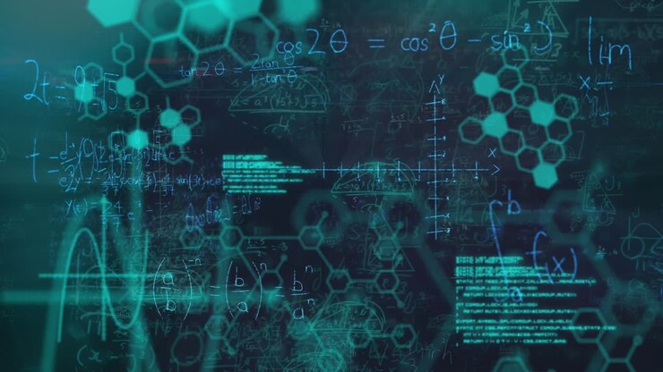 Animação de equações matemáticas e processamento de dados sobre fundo preto.