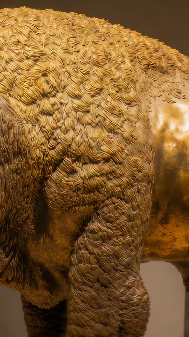 Vertical video: Initiating rightward pan, camera revealing metal bison in gallery, carved fur, horn