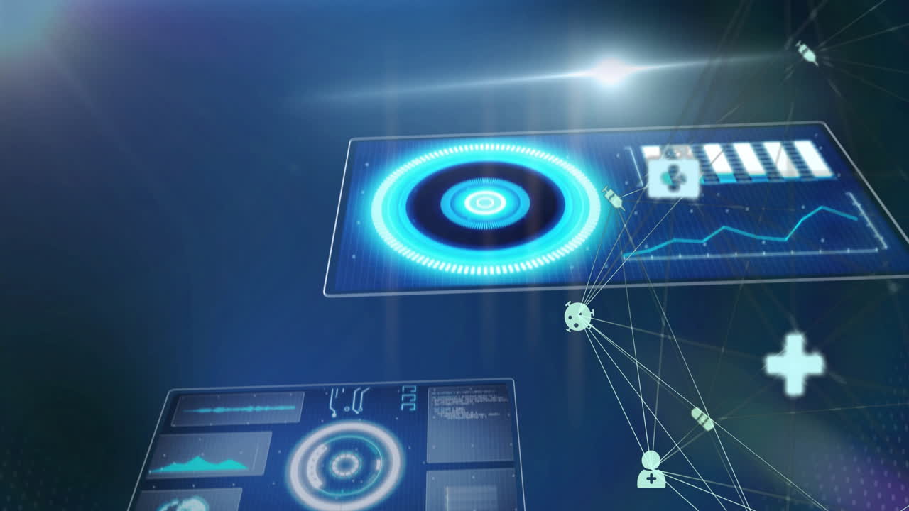 Medical data processing animation over blue digital interface with charts and icons
