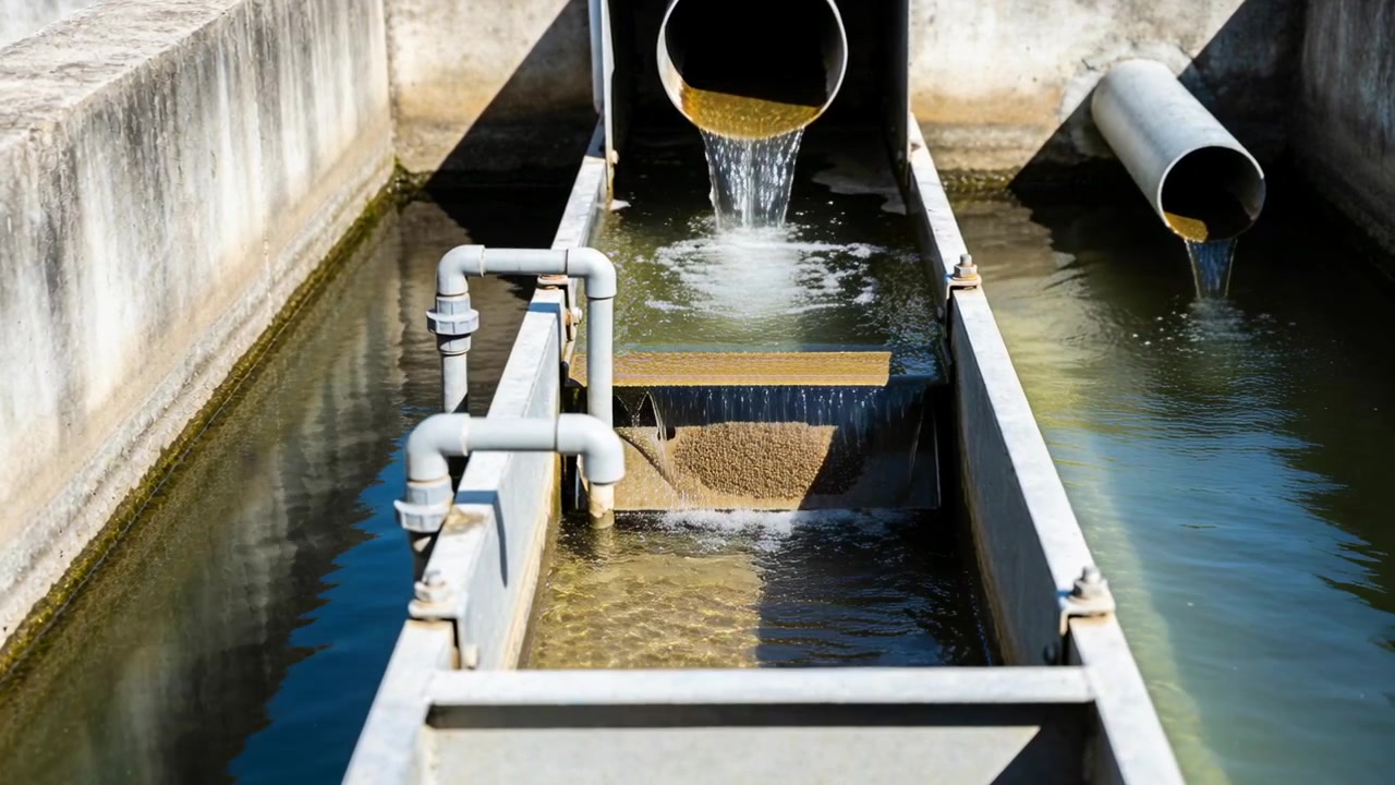 Rilascio da un'uscita circolare centrale che versa acqua su uno sbarramento in una baia di trattamento soleggiata, trasportando sedimenti.