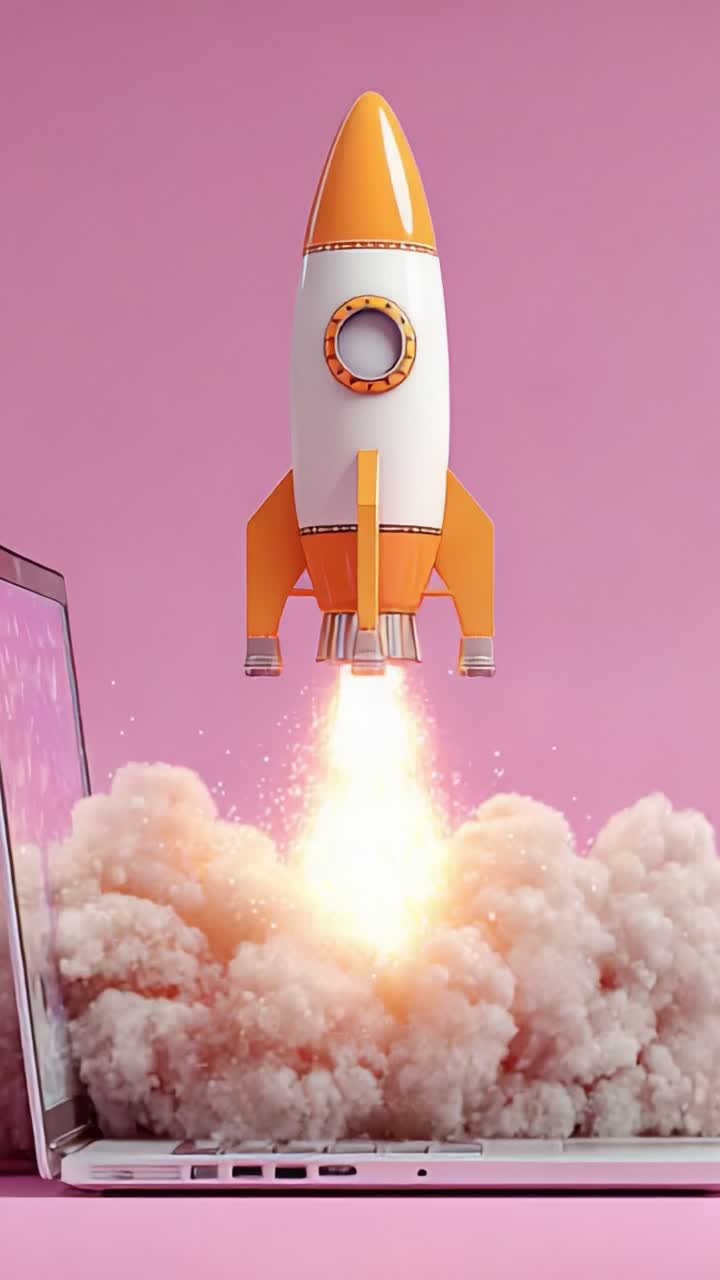An imaginative representation of a rocket launching from a laptop, symbolizing innovation, creativity, and digital exploration against a vibrant pink backdrop