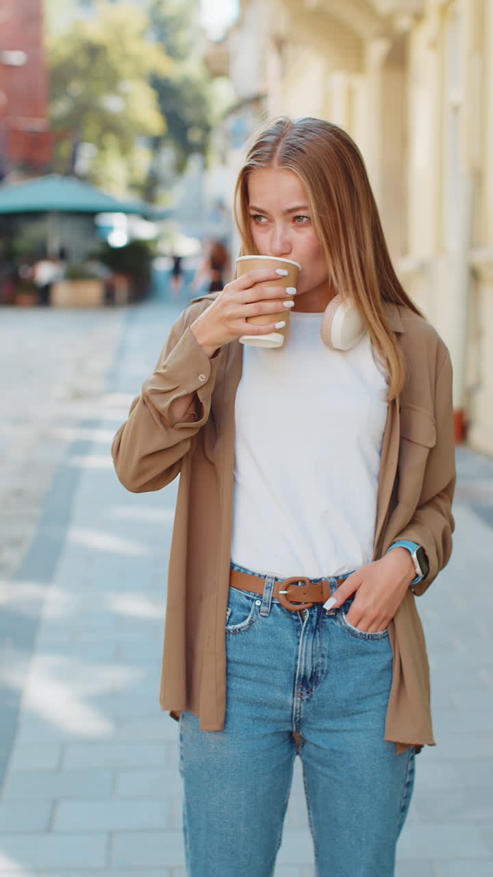 feliz mujer joven caucásica disfrutando del café de la mañana bebida caliente y sonriendo caminando por la calle de la ciudad