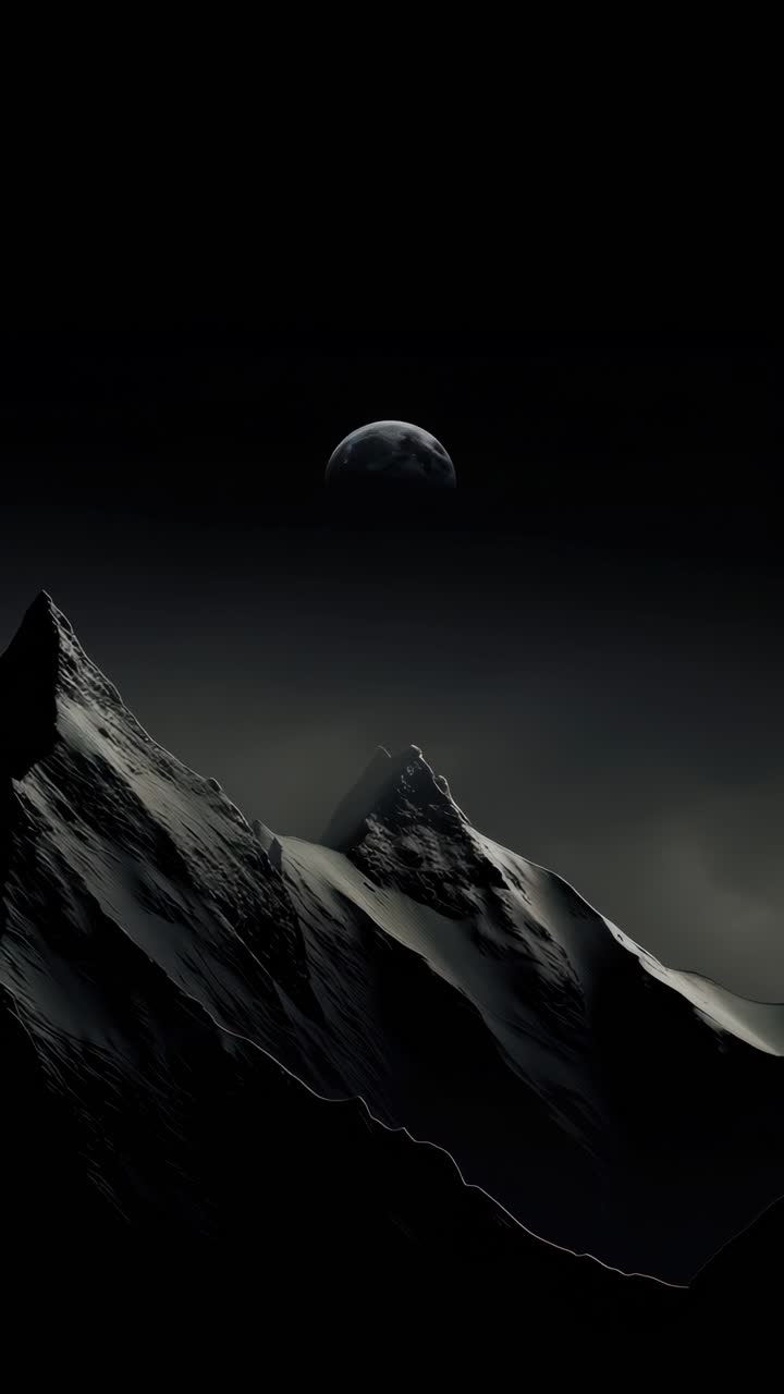 A dramatic, low-angle shot of snow-capped mountains under a dark sky with a moon
