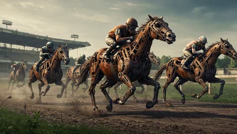 a thrilling race of mechanical horses: captivating moments of robot jockeys competing in an unforgettable robo-horse racing event under a clear sky
