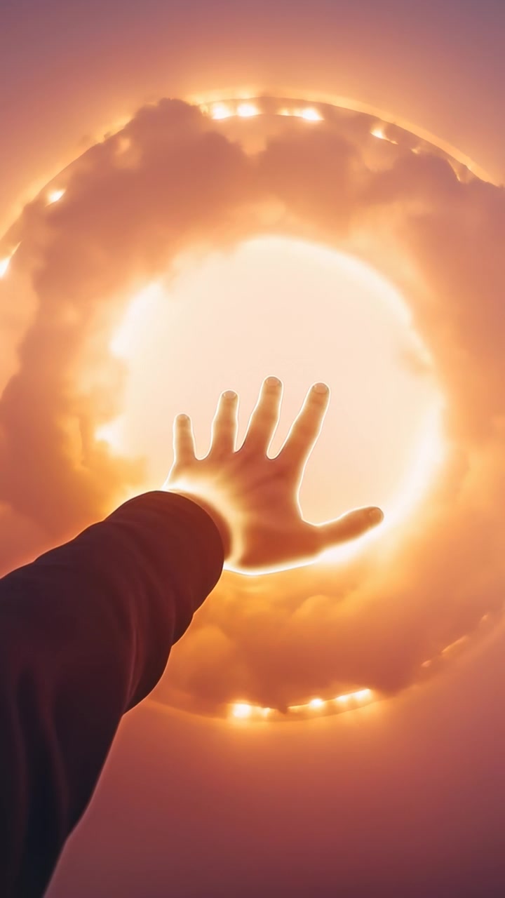 Video vertical: Viendo un anillo iluminarse, hombre con manga oscura extendiendo el antebrazo derecho hacia un resplandor en el cielo