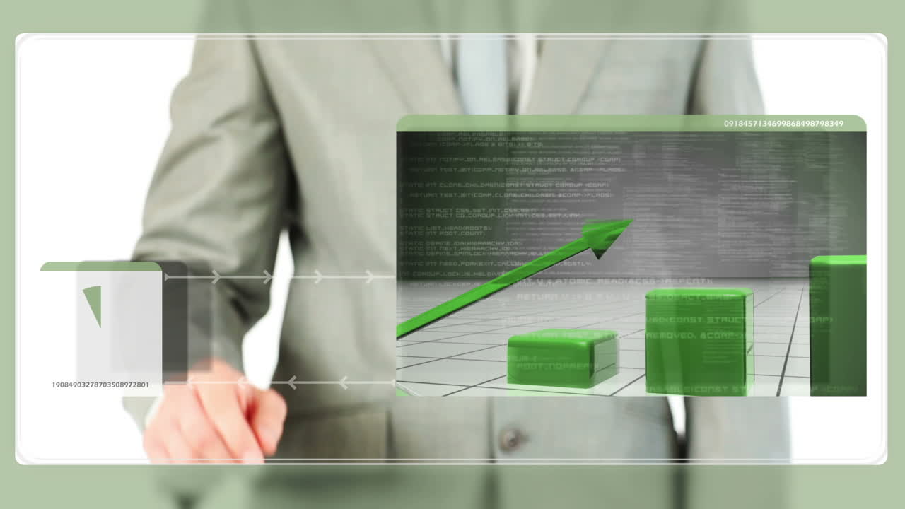 화면에 녹색 그래픽을 만지는 사업가