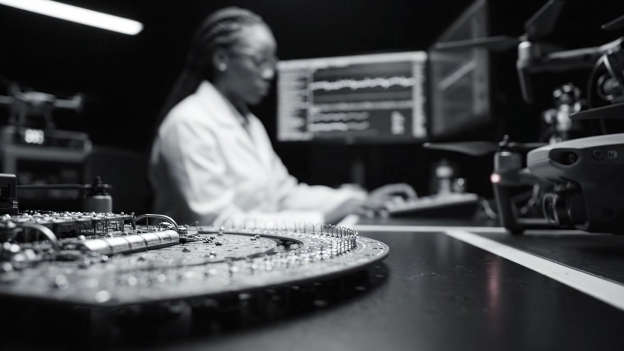 A focused scientist works in a dark lab, analyzing data on monitors while surrounded by advanced technology and intricate circuit boards, showcasing innovation.