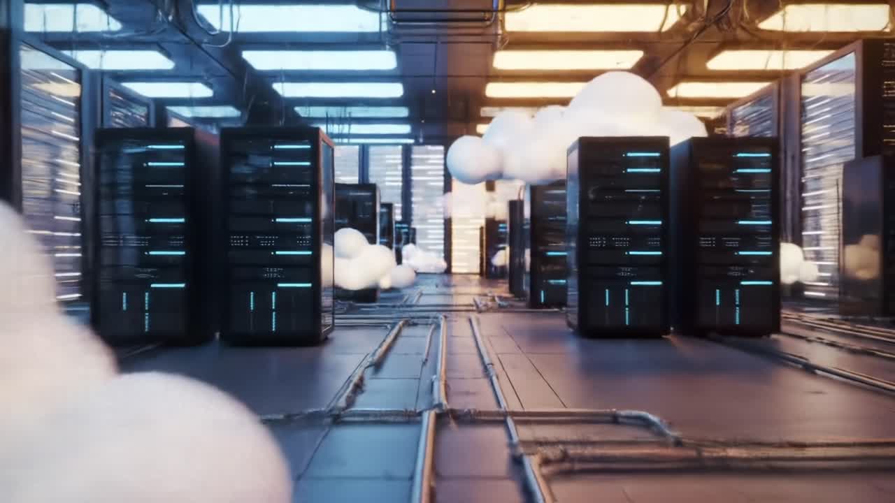 A Stunning Visualization of a Modern Data Center Featuring Cloud Technology, Server Racks, and Ambient Lighting for an Immersive Experience in Digital Storage Environments