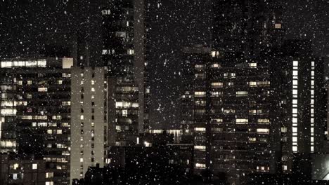 snow falling and cityscape