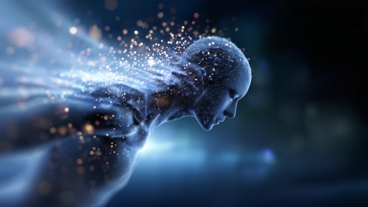 Una rappresentazione surreale di una figura umana stilizzata che si dissolve in energia e luce, catturando l'essenza della trasformazione e del movimento etereo nell'arte digitale