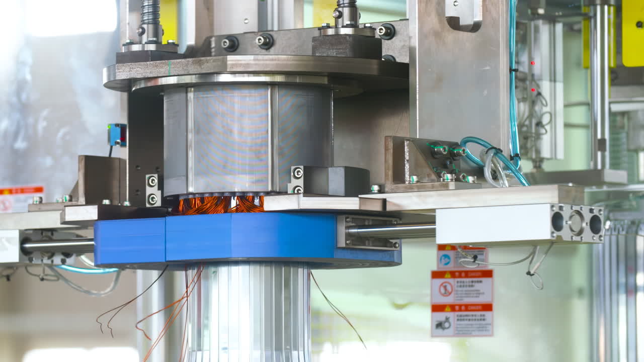 línea de ensamblaje de disparos reales dentro de una máquina de montaje robótica automatizada de bobina de motor en un proceso de producción de fábrica en una planta de fabricación de automóviles