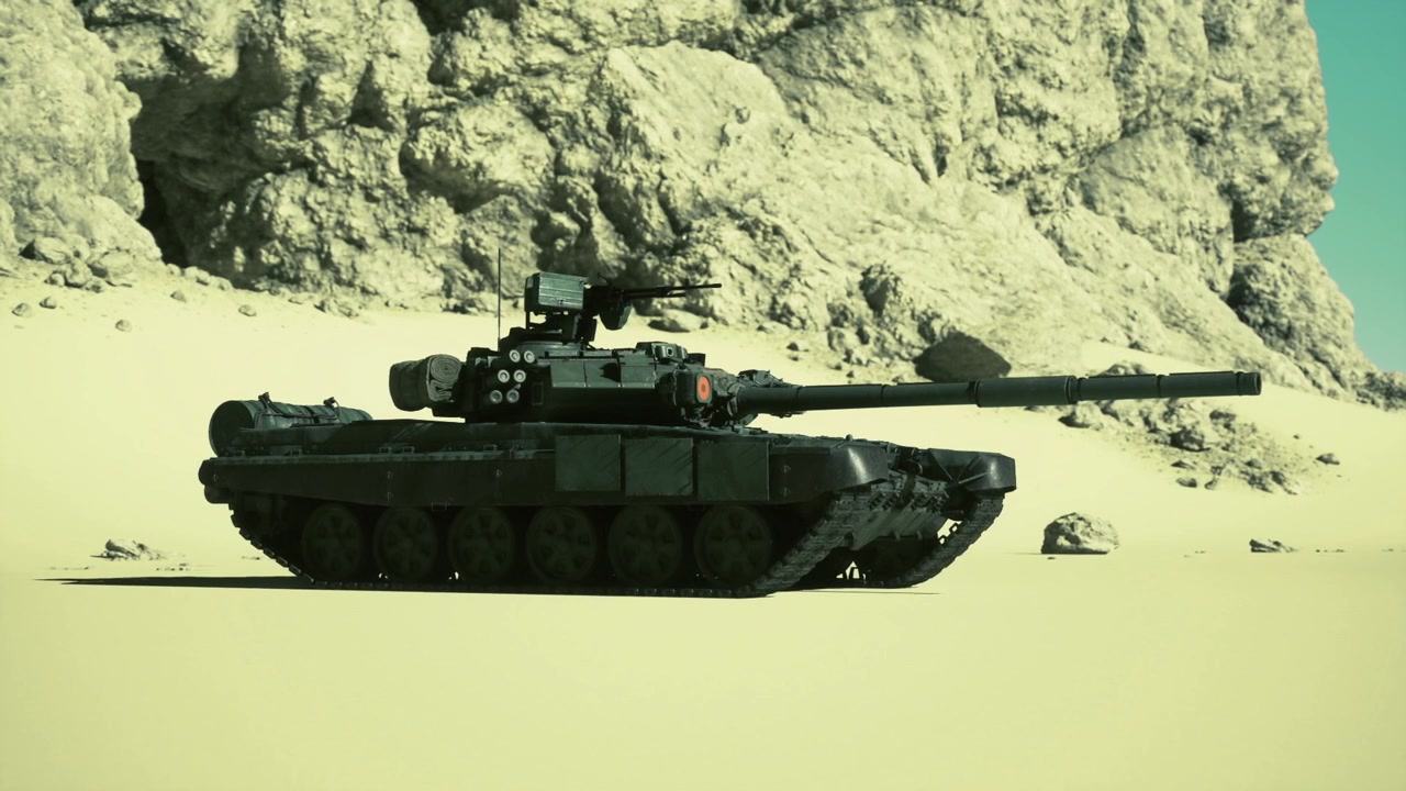 Militärtank framhävd med texturerad sand och en robust bakgrundsscen