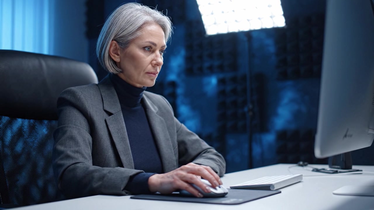 Eine konzentrierte ältere Frau in Geschäftskleidung arbeitet an einem Computer an einem modernen Büroschreibtisch mit stimmungsvoller Beleuchtung für eine ruhige und produktive Atmosphäre.