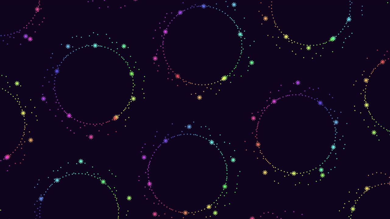 A colorful seamless pattern featuring overlapped circles in various rainbow hues on a dark backdrop. The design formed by these circles creates a visually appealing and dynamic composition