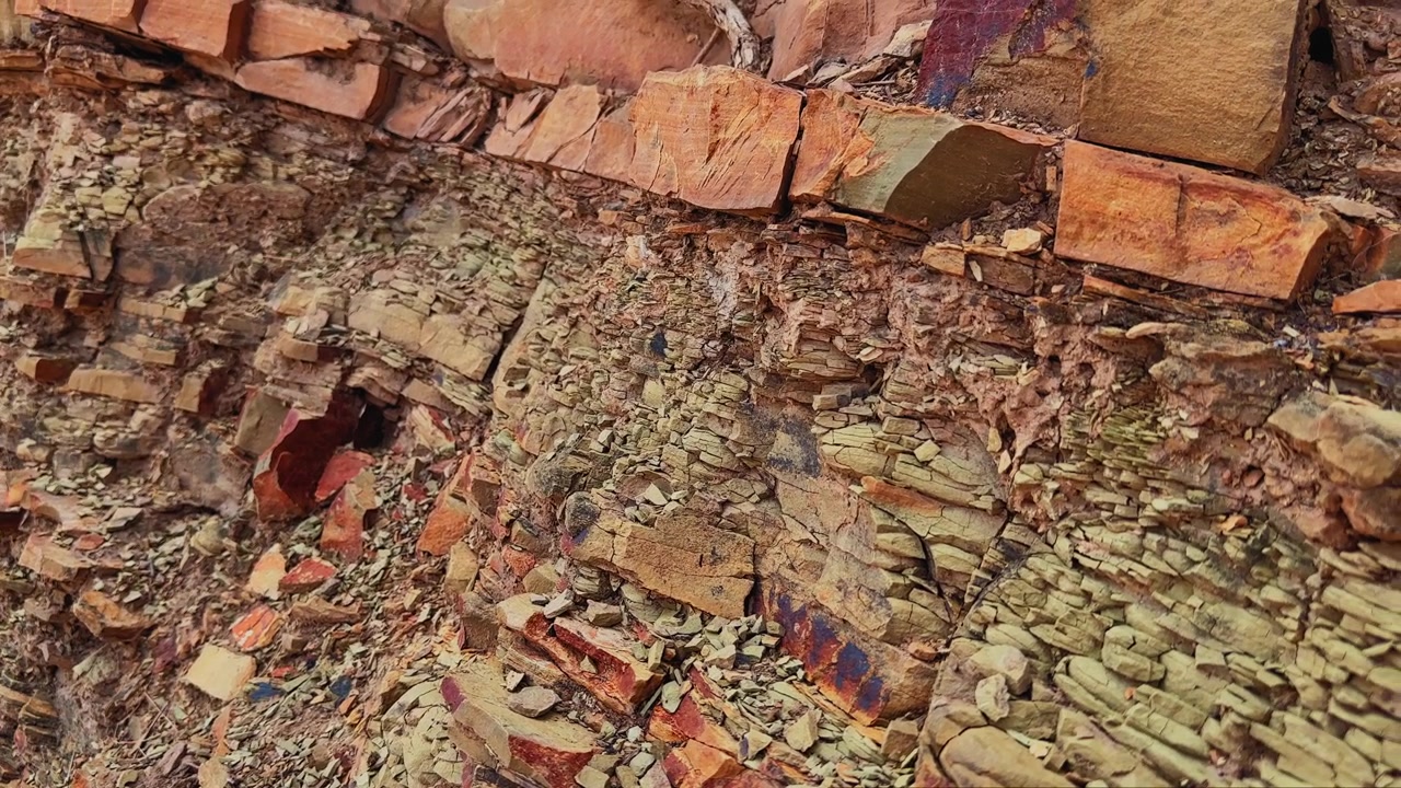 Carrellata che rivela roccia sedimentaria stratificata con colorazioni minerali vivaci, formazioni di scisto e arenaria erose