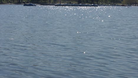 Paddle-Boats-in-distance-on-lake-in-Hyde-Park,-London