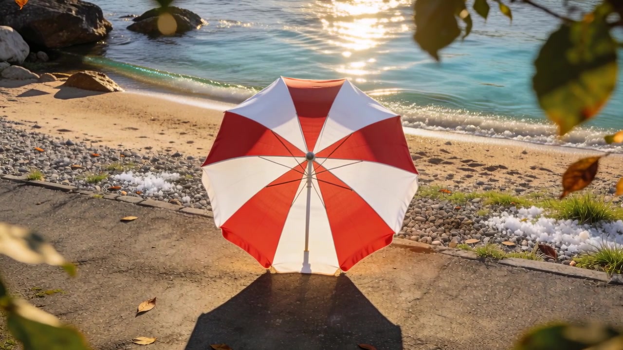 Sol baixo em movimento cintilando na água turquesa em pequena enseada de praia, iluminando guarda-sol vermelho e branco