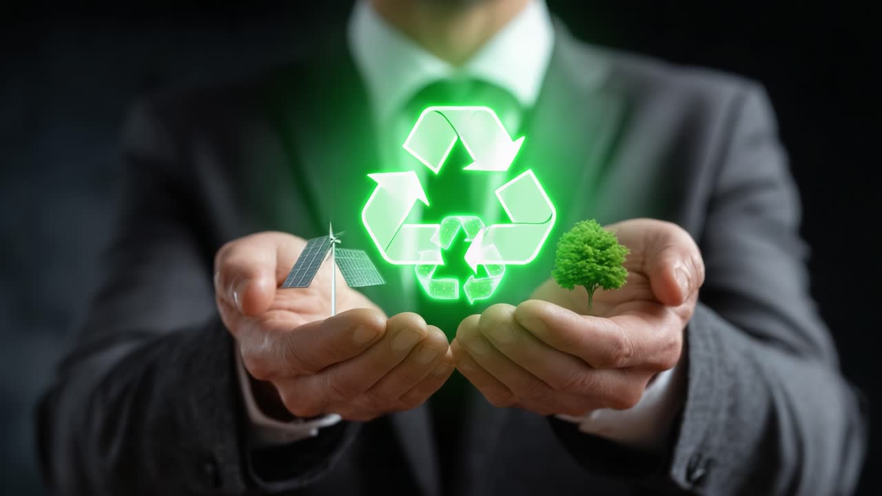 A Man in a Suit Holding Symbols of Sustainability: Solar Energy, Recycling, and Tree Planting for a Greener Future