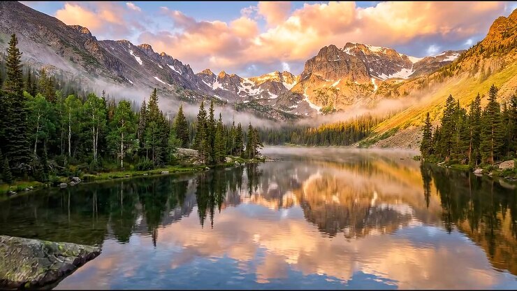 Lago di montagna circondato da cime e rocce che riflette un cielo al tramonto colorato con acqua limpida