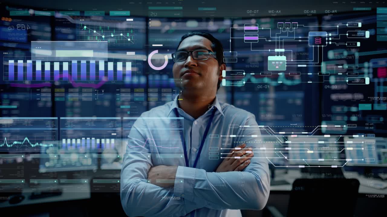 First Person POV Footage of Professional IT Technical Support Specialist or Software Engineer Pushing Augmented Reality Display in a Modern Monitoring Control Room Full of Computers. VFX Animation.