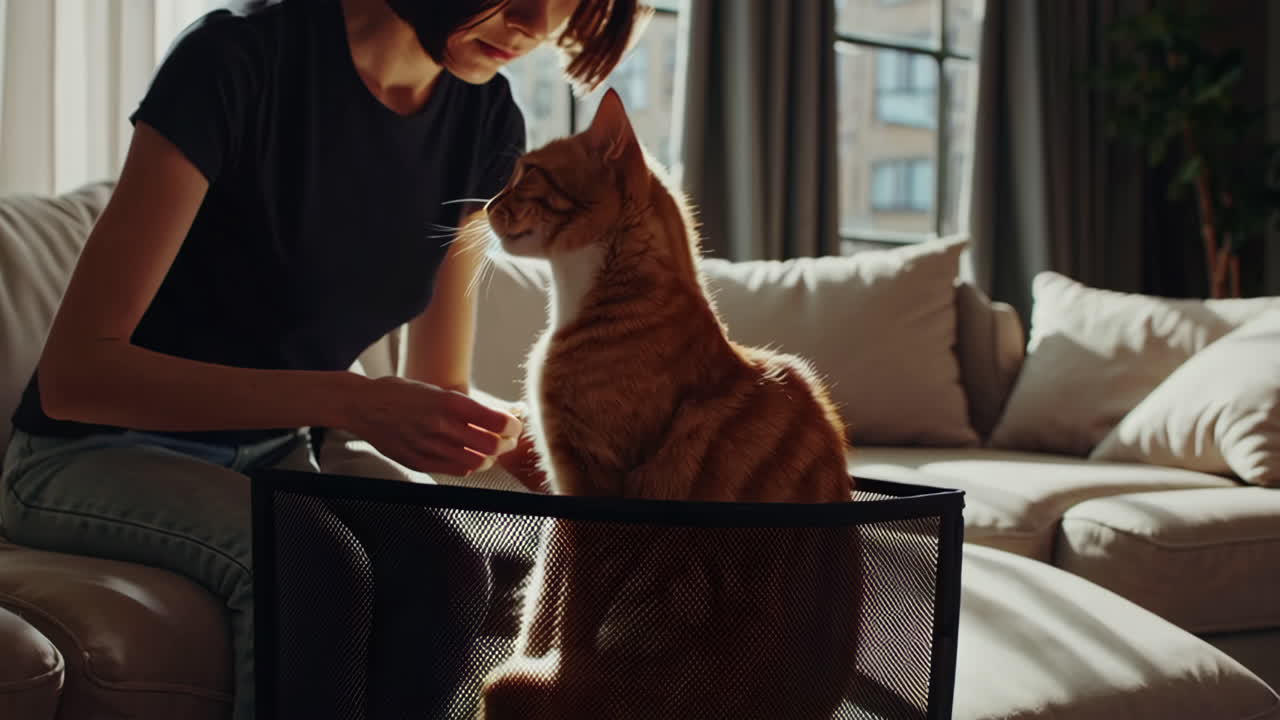 Woman interacting with a ginger cat in a living room.