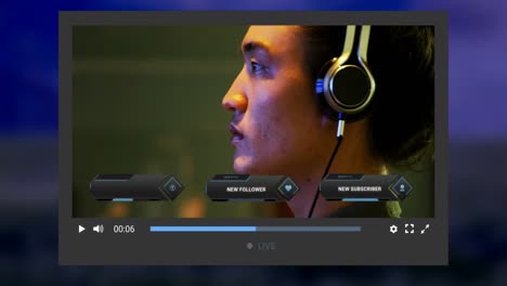 animación de la pantalla de las redes sociales sobre un hombre asiático haciendo un video blog y usando auriculares
