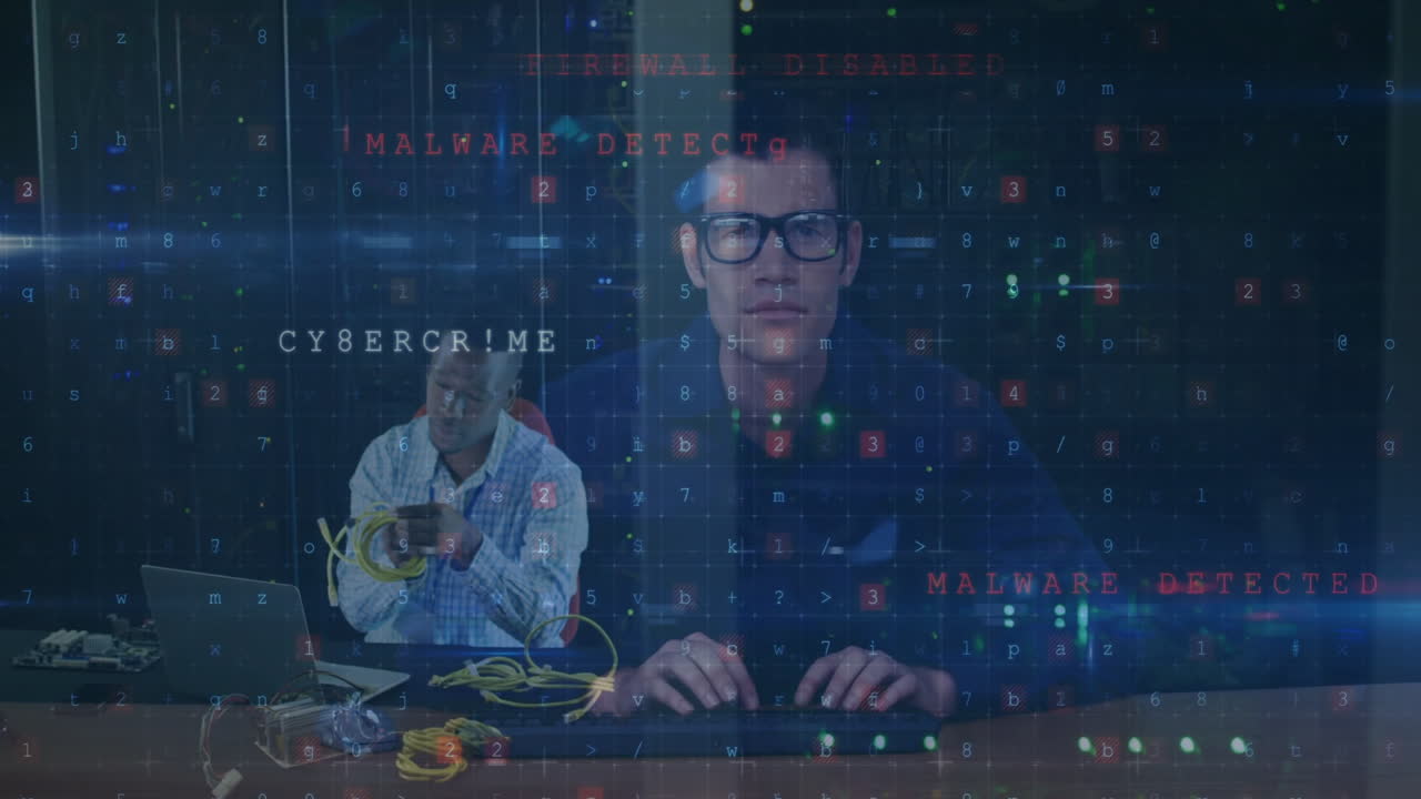 Cybercrime and malware detection animation over two men working with cables