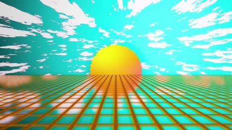 vapor wave amarillo de puesta de sol estilizado en malla de caja con nubes y fondo vfx de cielo azul