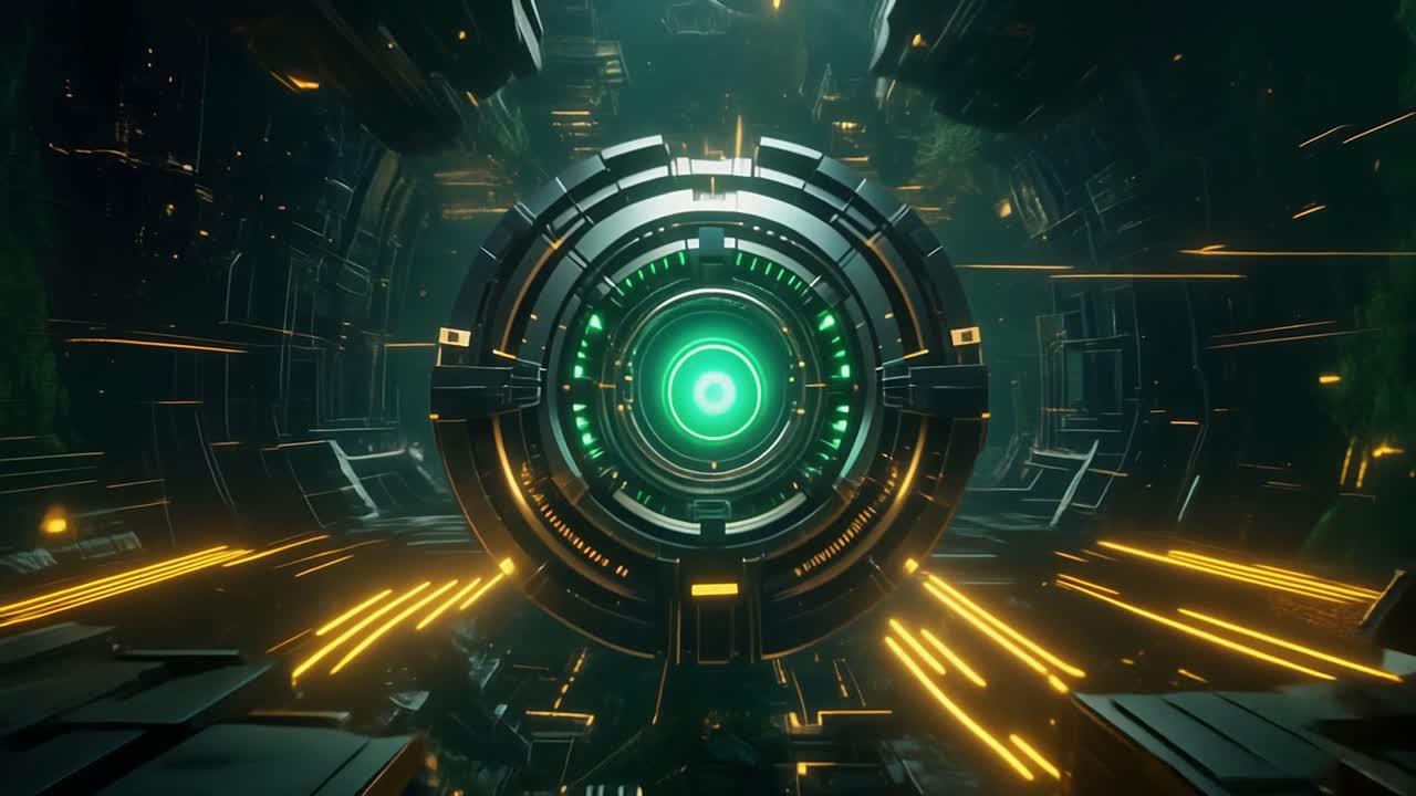Futuristický sci-fi portál se zářícím zeleným energetickým jádrem