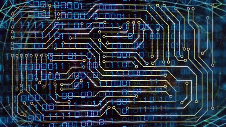Animation of computer circuit board over data processing on black background