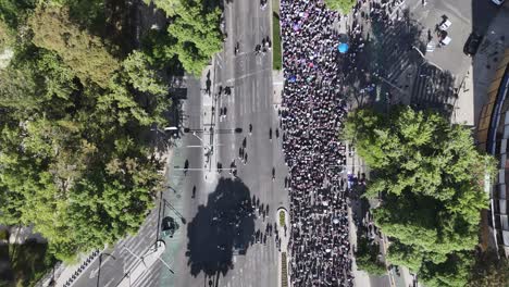 perspectiva aérea de la marcha del día internacional de la mujer en el paseo de la reforma, cdmx