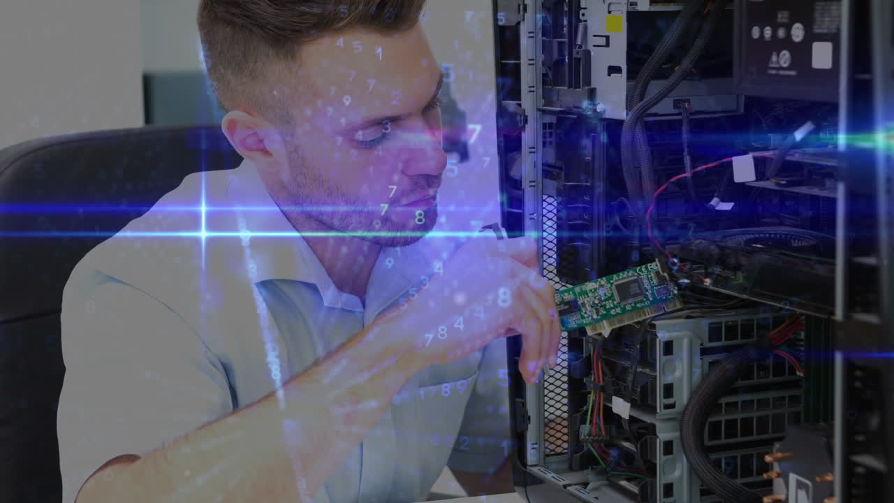 animazione di luci e codice binario su uomo caucasico che cambia hardware nel server