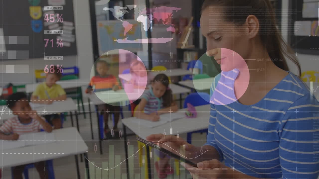 animación de gráficos de procesamiento de datos sobre maestra caucásica usando tableta en el aula