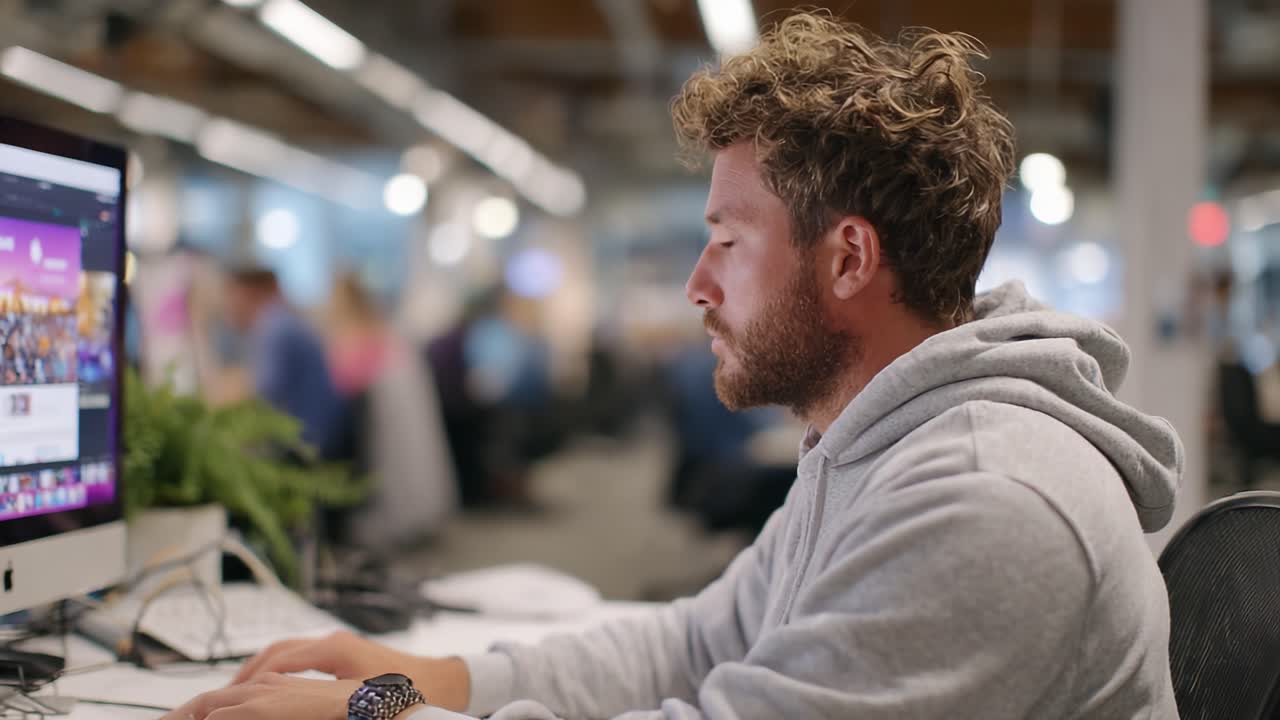 Focused Individual Working at a Computer in an Office Setting, Engaged in Creative Tasks with Colleagues in Background Surroundings