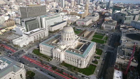 Aerial-View-of-San-Francisco-City-Hall,-Civic-Center-Plaza,-Court-Buildings-on-Sunny-Day,-Drone-Shot