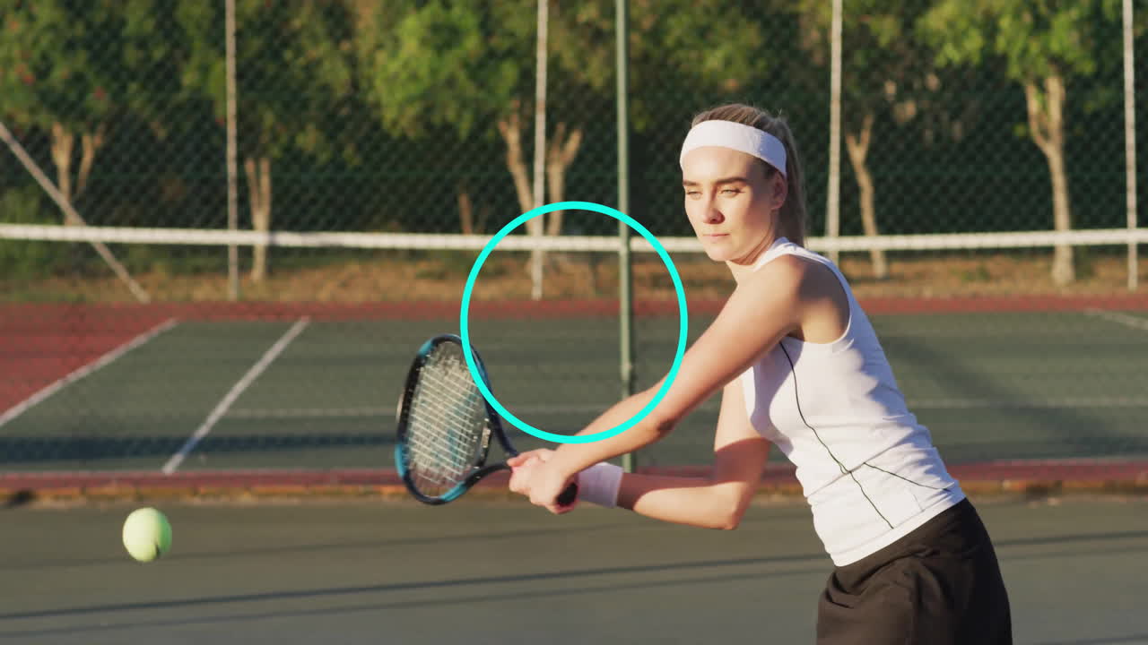 Tennis player bending forward returning low ball over net, showing sports technology data overlay