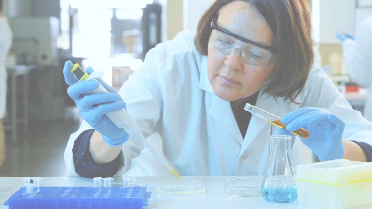 animación de formas rojas sobre diversos científicos en el laboratorio