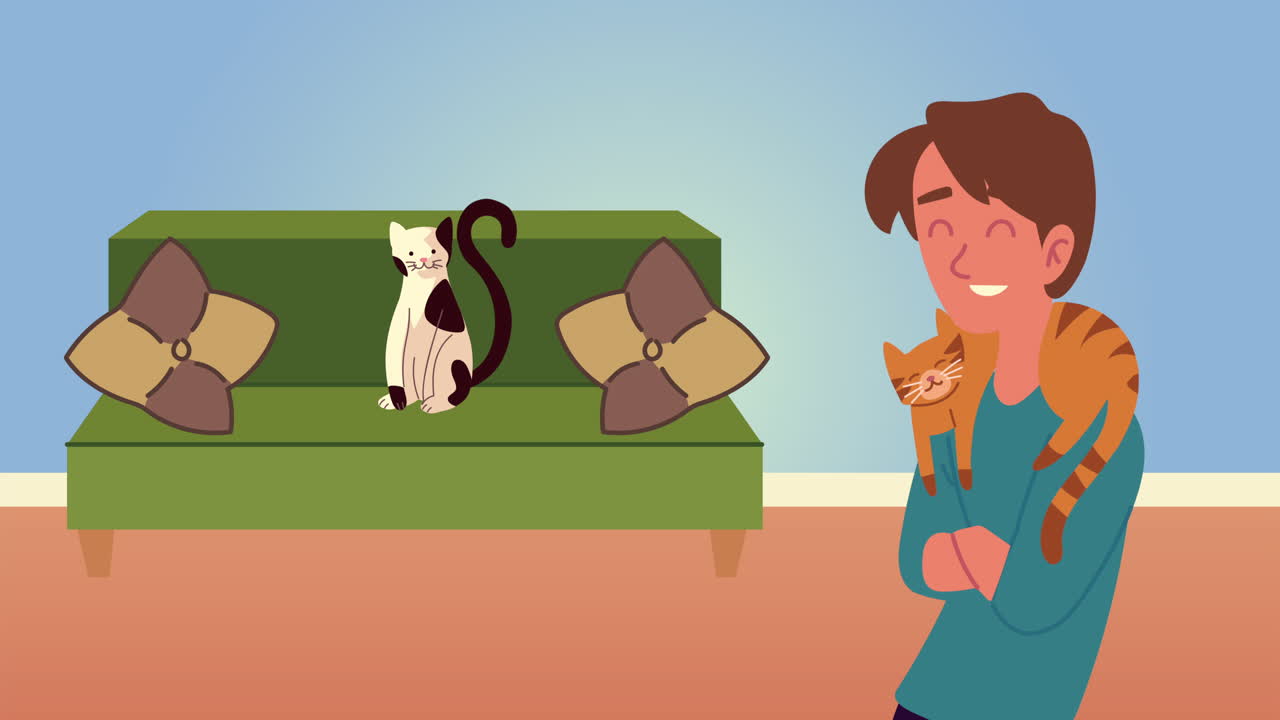 거실 캐릭터에서 고양이 마스코트와 함께 사람