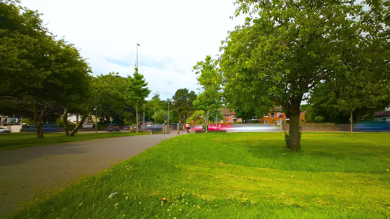 Timelapse of British Traffic Moving Past Quickly with Motion Blur with Trees in City Park. Long Exposure Time Lapse with Transportation Car Vehicles and Buses.